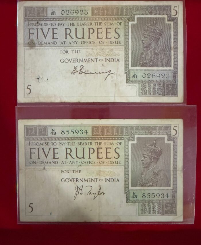 Vintage ₹5 King George V British India Banknotes – Pair (Different Signatures)