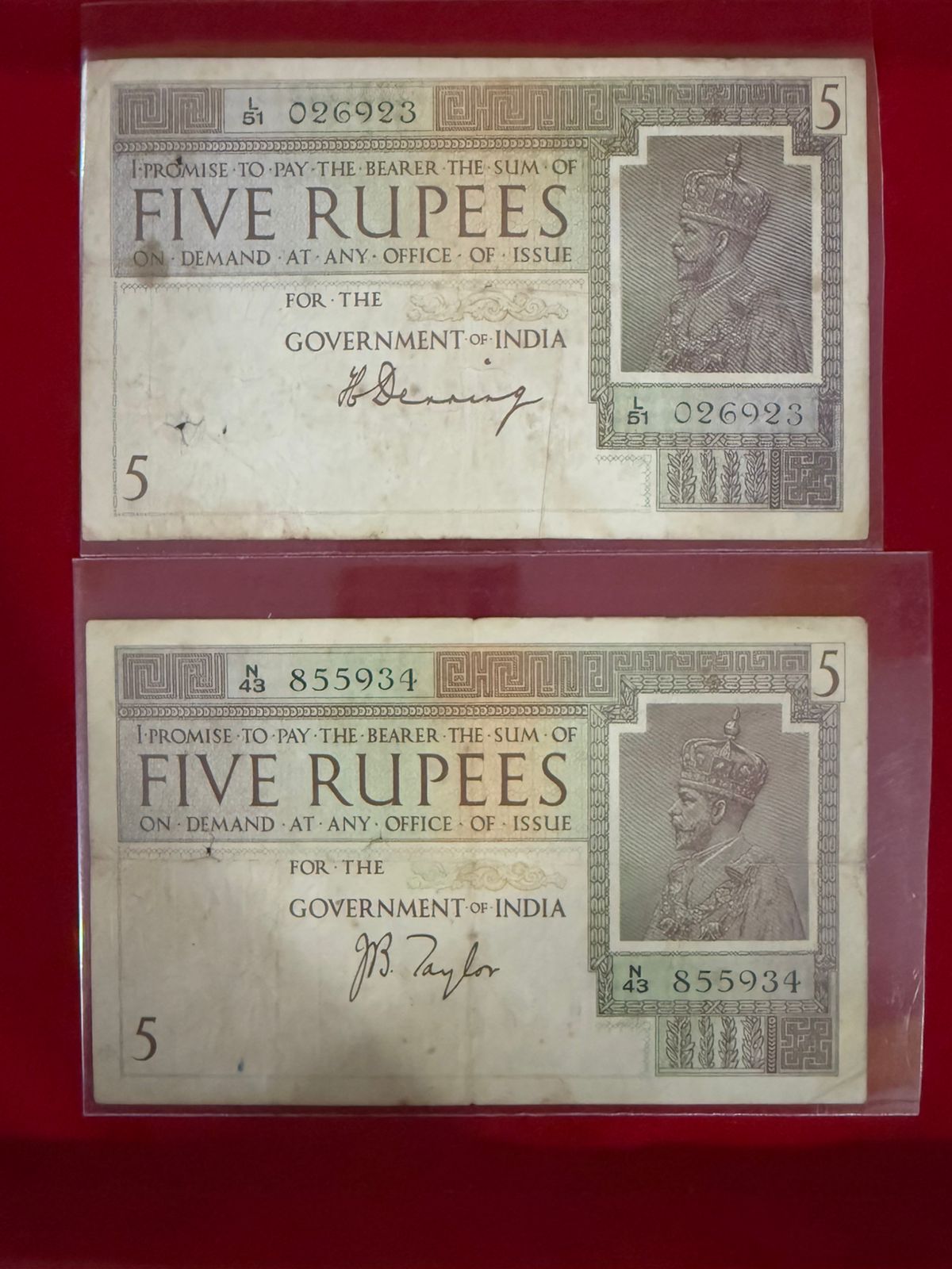 Vintage ₹5 King George V British India Banknotes – Pair (Different Signatures)