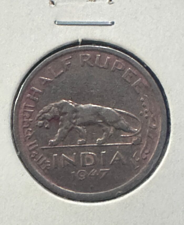 1947 British India Half Rupee coin features a Tiger